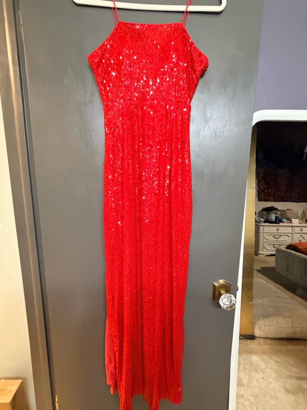Red Sequin Spaghetti-Strap Prom Dress